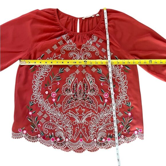 Soft Surroundings Embroidered Peasant Top Boho Long Sleeve Coral Red Medium - Picture 6 of 6